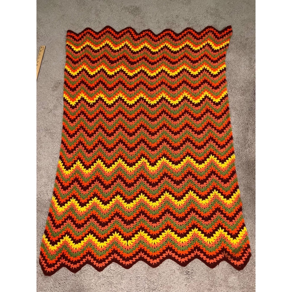 Vintage Orange Green Brown Chevron Pattern Crochet Afghan Throw Blanket 56"x38"